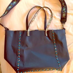 XL Beaded Trim Blue Tote Bag